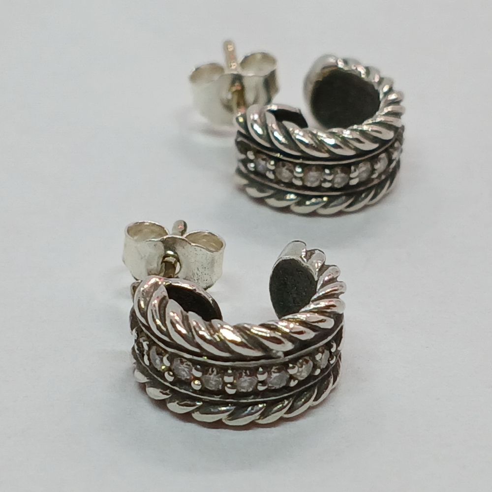 David Yurman Cable Sterling Silver Diamond Huggie Earrings